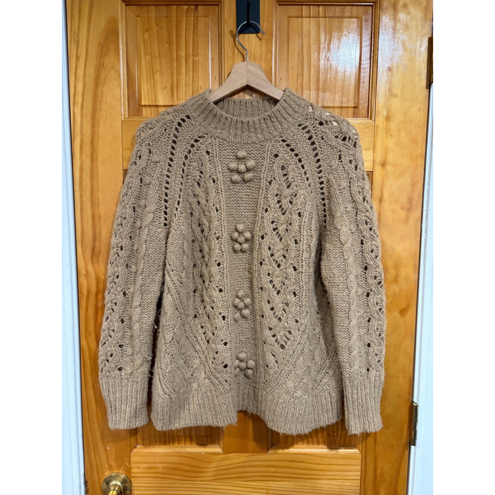 J.Crew Alpaca Blend Cable Knit Bobble Sweater Neutral Tan Chunky XS